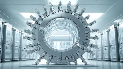 A complex high tech architectural design of an ultra secure futuristic vault for data storage and protection