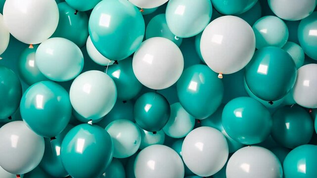 A vibrant assortment of teal and white balloons floating against a blue backdrop, perfect for celebrations
