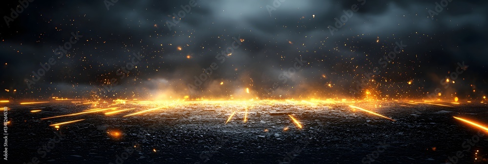 Poster a dark and ominous panoramic view of a futuristic cityscape with intense glowing golden elements and