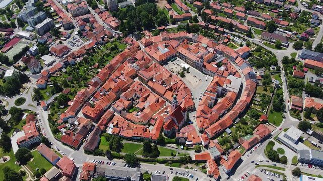 Picturesque Prachatice, Czech Republic town from above with its medieval layout
