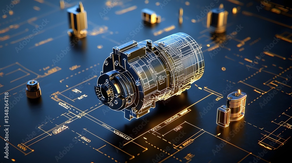 Poster A detailed blueprint style design of an electric motor featuring a glowing wireframe structure and its intricate mechanical components against a dark futuristic background