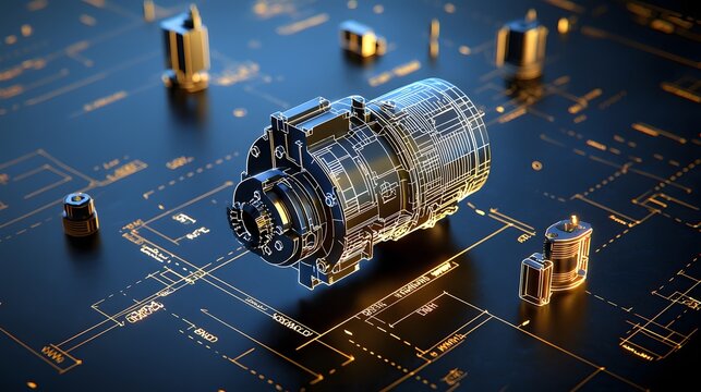 A detailed blueprint style design of an electric motor featuring a glowing wireframe structure and its intricate mechanical components against a dark futuristic background