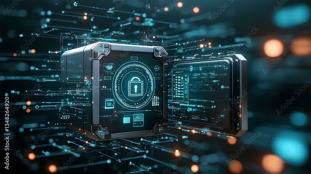 Aufkleber A digital composite depicting a secure lock or safe blending into a complex cybersecurity firewall network symbolizing the protection of sensitive data and information in the digital age