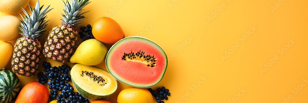 Poster a diverse array of luscious colorful tropical fruits including pineapples watermelons papayas orange