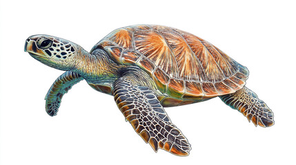 Fototapeta premium Sea turtle on a white background, detailed illustration, ocean creature, aquatic life