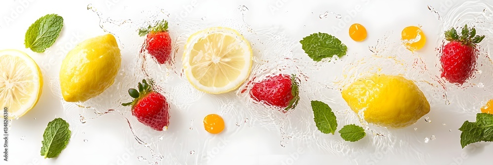 Poster a dynamic background showcasing a vibrant assortment of fresh lemons juicy strawberries and fragrant