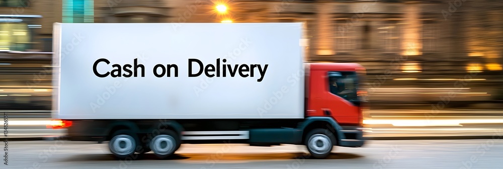 Poster a fast moving delivery truck with the text cash on delivery illuminated highlighting the efficient a