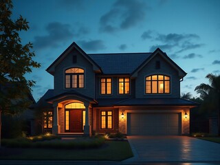 Warm lights illuminate elegant two story house at night. AI Generated