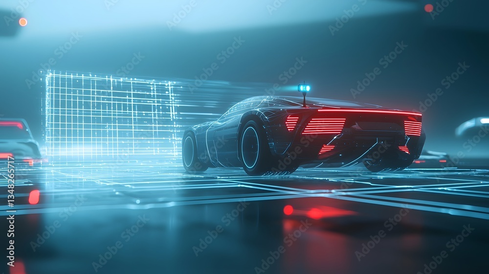 Fototapete a futuristic autonomous vehicle navigates through a dark digital environment using lidar technology 