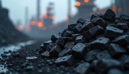 Pile fresh coal mined at industrial plant with blurred background. Energy source, carbon fuel for heating, power generation. Fossil mineral ore, metallurgical resource. Heavy industry, environmental