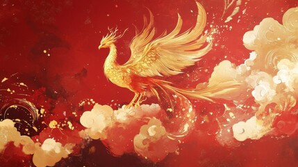 Golden Phoenix Soaring Amidst Red Clouds
