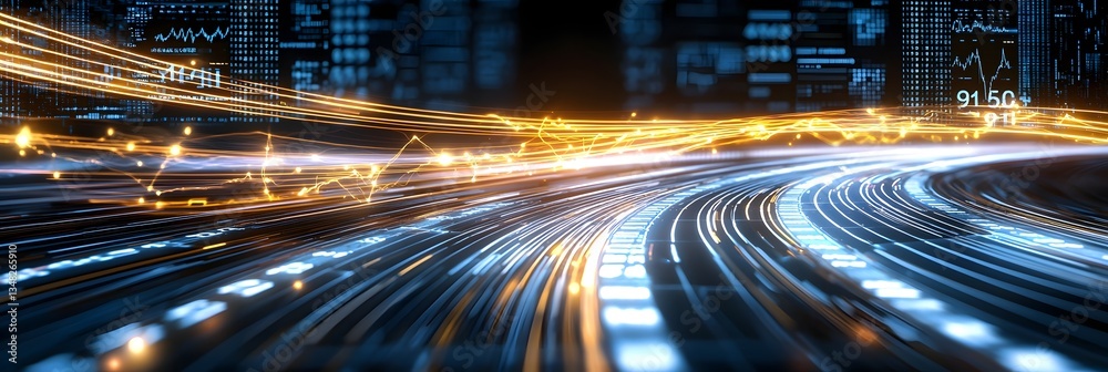 Poster a futuristic cityscape featuring skyscrapers and data visualizations with luminous light trails trac