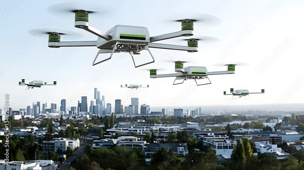 Fototapete a futuristic cityscape with various autonomous drones equipped with lidar sensors navigating through