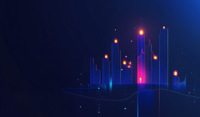 Abstract Cityscape Digital Lines Glowing on Dark Blue Background