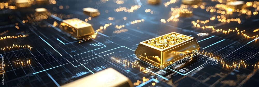 Poster a futuristic digital finance interface featuring golden elements and virtual market data showcasing 