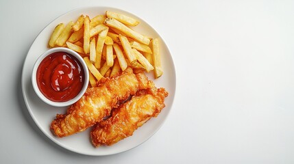 Delicious plate of fish fries and sauce on white background