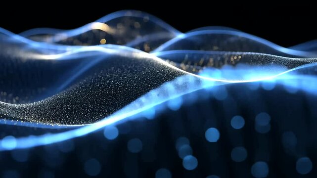 Abstract waves of glowing particles undulate in a dark background, creating a mesmerizing effect