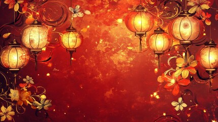Glowing Lanterns Adorn Festive Red Floral Background