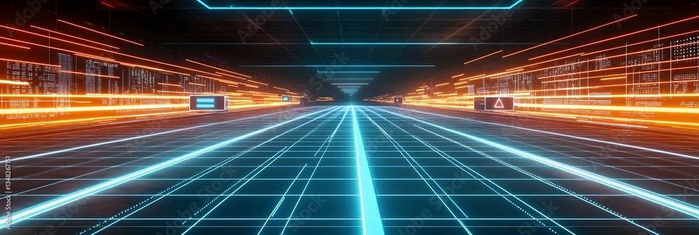 Leinwandbilder a futuristic visually captivating digital landscape with vibrant neon lines and glowing signals trav