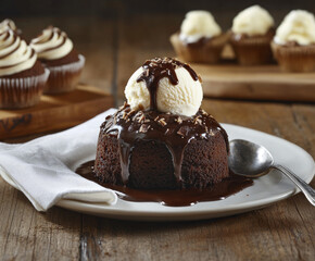 Chocolate lava cake with ice cream and chocolate sauce.