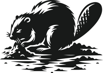 Beaver digging a hole in the muddy riverbank vector