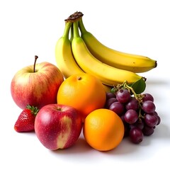 Fresh variety of fruits including bananas, apples, oranges, and grapes on a white background