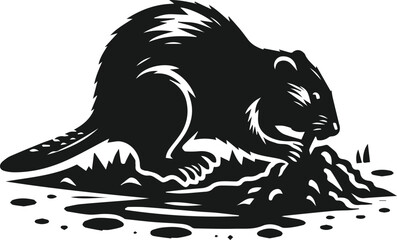 Beaver digging a hole in the muddy riverbank vector
