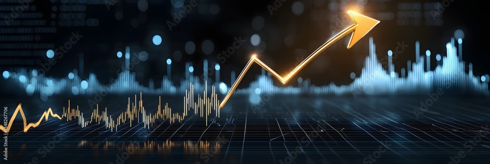 Poster a golden market trend arrow soaring upwards on a dark data driven financial background representing 
