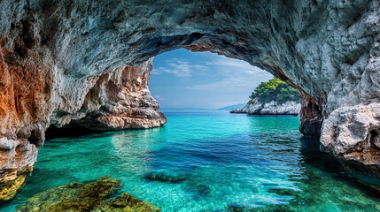 Fototapeta premium The ambiance of a mystical sea cave unfolds, where a breathtaking coastal gateway unveils mesmerizing turquoise depths