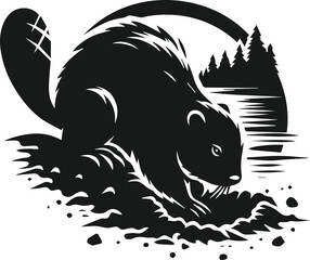 Beaver digging a hole in the muddy riverbank vector