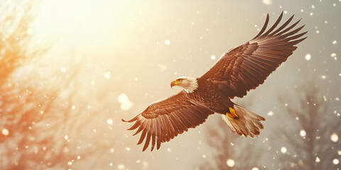 Fototapeta premium Majestic Bald Eagle Soaring in Golden Light with Bokeh Background 