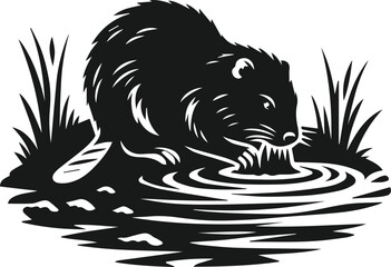 Beaver digging a hole in the muddy riverbank vector