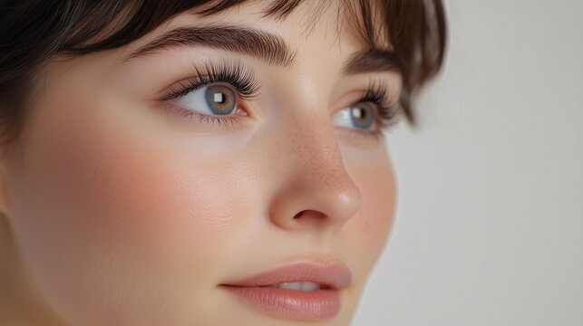 Close-up of a woman's face with flawless skin and long lashes looking to the side with neutral makeup Highlighting natural beauty with clear skin and light eyes