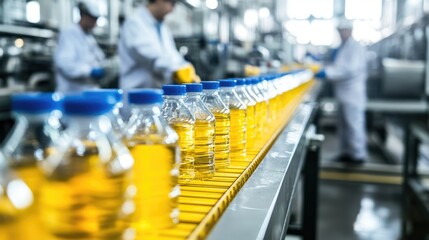 Obraz premium Bottles of Liquid Moving Along a Conveyor Belt in a Factory