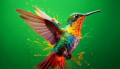 Obraz premium Abstract Hummingbird Animal Artwork with Paint Splash Details on a Green Background 