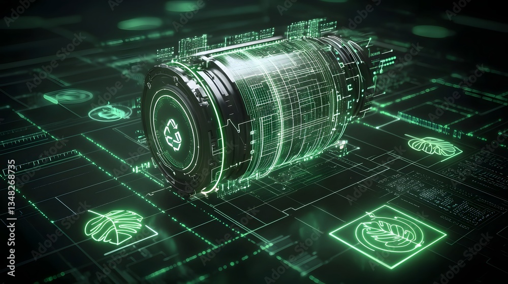 Fototapete a high tech brushless dc motor is displayed against a backdrop of glowing digital leaf patterns and 