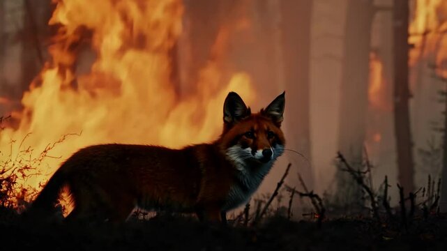 Close-up view of a fox in a forest fire. Flames rage in the background as the fox stands amidst nature's destruction.