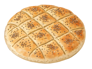A detailed digital artwork of a round, golden-brown flatbread divided into small square sections
