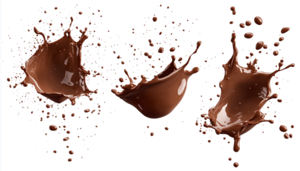 Three Spectacular Splashes of Delicious Melted Chocolate isolated with Transparent Background