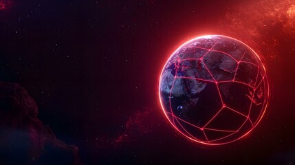 Fototapeta premium The image shows a stylized Earth surrounded by a glowing red network, set against a dark space background with nebulae.A medium-length description sentence: A digital rendering depicts Earth envelop