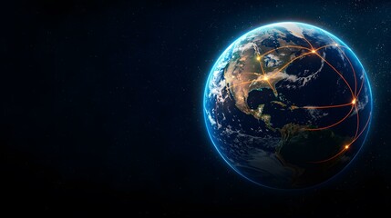 Obraz premium The image shows a depiction of planet Earth from space, with glowing orange lines illustrating interconnectedness across the globe, primarily focused on North America.