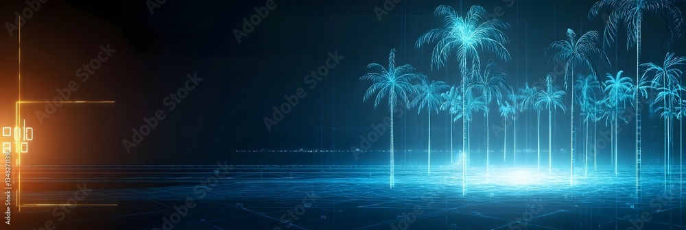 Poster a mesmerizing futuristic landscape featuring glowing neon palm trees against a serene surreal beachs