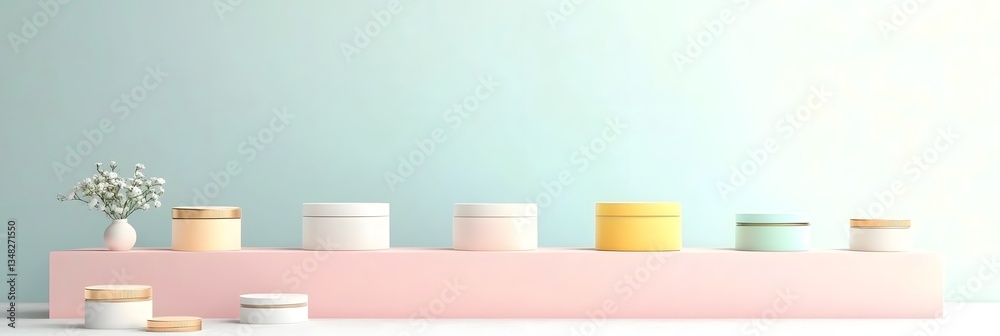 Poster a modern minimalist composition featuring various pastel colored product showcases arranged in an el