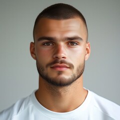 Obraz premium Portrait of a handsome man with short hair and a beard confident and direct gaze Neutral background emphasizes facial features