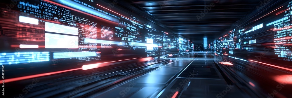 Fototapete A rapidly moving blurred background depicting the dynamic exchange of digital information and data in a futuristic high tech cyberspace environment