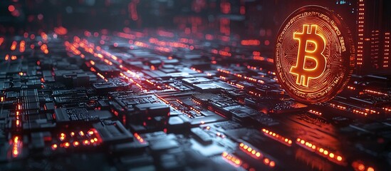 Glowing Bitcoin digital currency symbol rests atop a circuit board