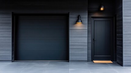 Modern exterior facade with a garage door and entryway.  Dark grey stone cladding, black doors and hardware. Sleek and minimalist design