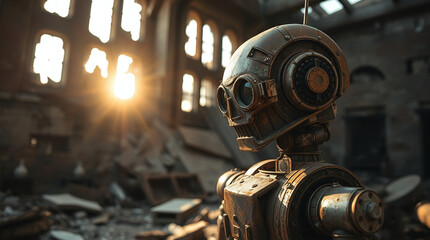 Old decayed robot seated beneath mossy ruins, broken glass reflecting golden rays &ndash; moody, detailed.