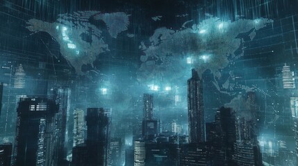 Global Network: A Futuristic Cityscape Illuminated by Digital Data Streams