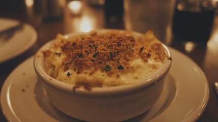 Creamy Baked Macaroni and Cheese with Crusty Topping in Bowl